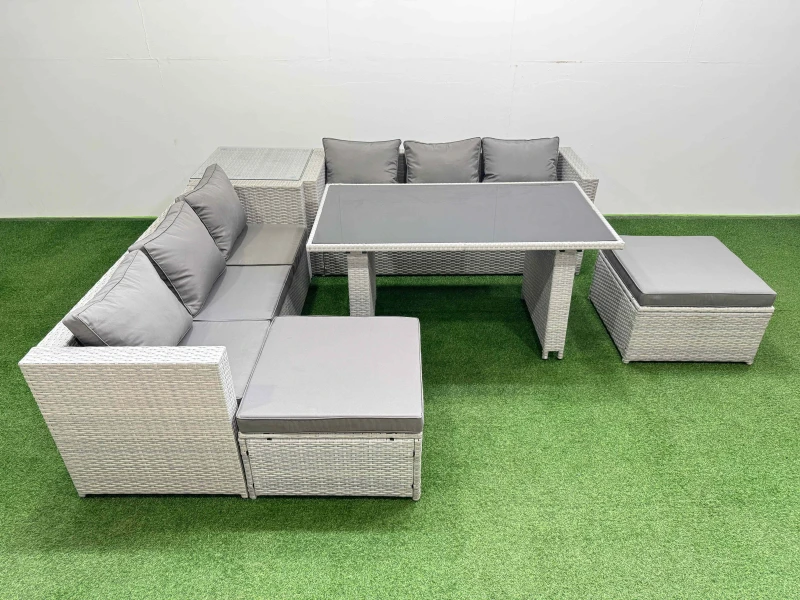 Image of Fimous 8-seater Patio Rectangular Table Sofa Set with Side Table 2 Big Stools in Light Grey Light Grey Unisex
