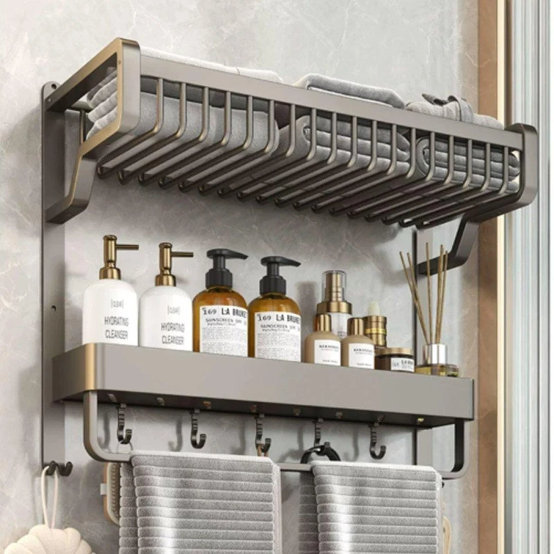Image of LIFE IDEAS Bathroom Wall Shelf with Towel Bar and Hooks Black1 unisex S 2-Tier