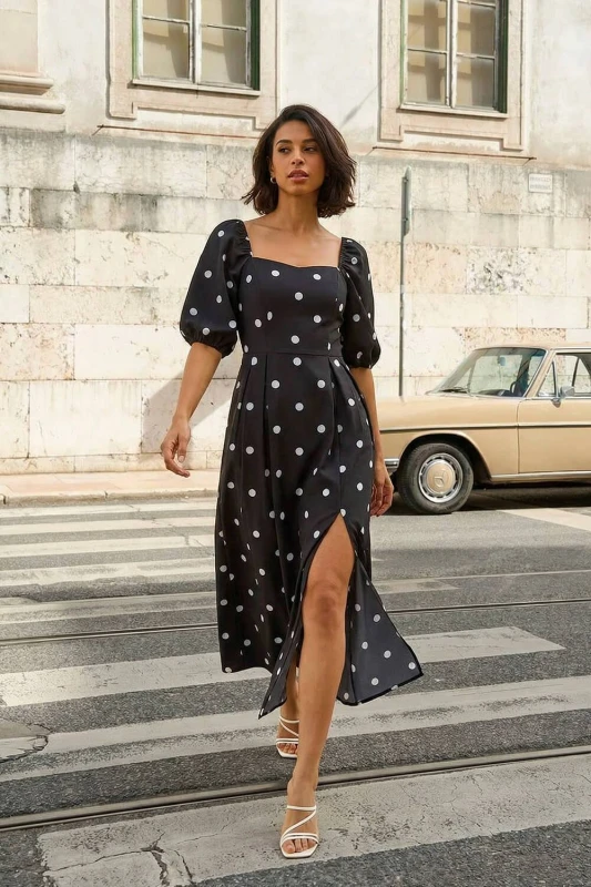 Image of Dusk Womens Polka Dot Midi Dress in Black Size: 12 Black Female 12