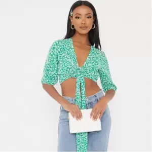 Image of I Saw It First Petite Floral Print Tie Front Crop Top - Green