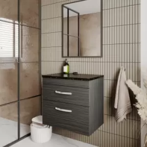 Image of Nuie - Athena Wall Hung 2-Drawer Vanity Unit with Sparkling Black Worktop 800mm Wide - Charcoal Black Woodgrain