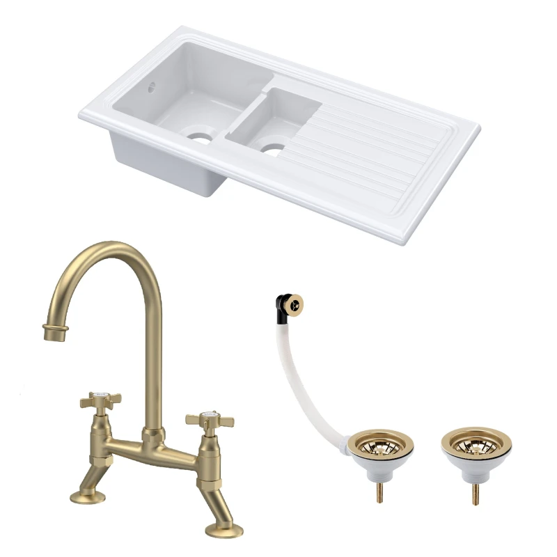 Image of BALTERLEY Fireclay Kitchen Bundle - 1.5 Bowl Sink & Drainer, Waste & Bridge Crosshead Tap, 1010mm - Brushed Brass - Balterley BKS230WT14