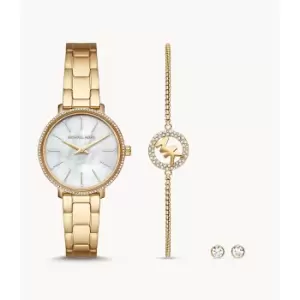 Image of Michael Kors Womens Pyper Two-Hand Gold-Tone Stainless Steel Watch And Earrings Set - Gold