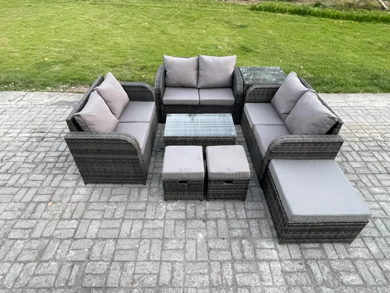 Image of Fimous Outdoor Garden Furniture Sets 9 Seater Wicker Rattan Furniture Sofa Sets with Rectangular Coffee Table Love Sofa 3 Footstools Side Table Dark G