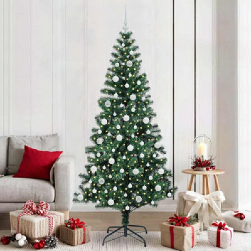 Image of vidaXL Artificial Pre-lit Christmas Tree with White Balls Green 210cm PVC and Metal, Green 3396778