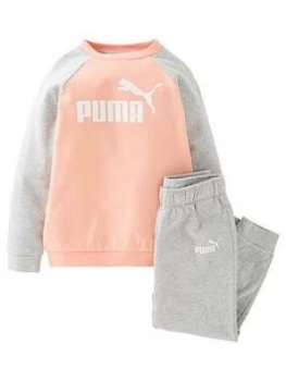 Image of Puma 2 Piece Minicats Essential Raglan Sweatshirt And Joggers Set - Pink/Grey