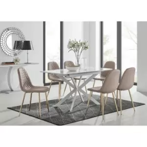 Image of Lira 120 Extending Dining Table and 6 Cappuccino Corona Faux Leather Dining Chairs with Gold Legs Diamond Stitch - Cappuccino