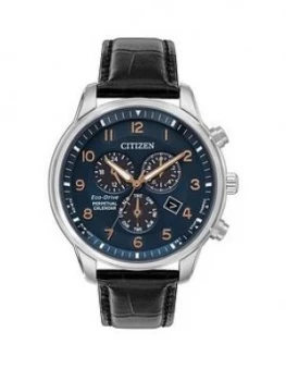 Image of Citizen Blue And Rose Detail Chronograph Dial Black Leather Strap Mens Watch