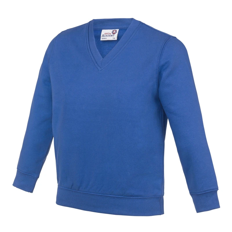Image of AWDis Academy V Neck School Jumper Sweatshirt in Blue Size: 3-4 Years Blue Unisex 3-4 Years
