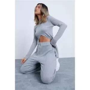 Image of I Saw It First Light Grey Brushed Rib Dip Hem Crop Top And Wide Leg Trouser Set - Grey