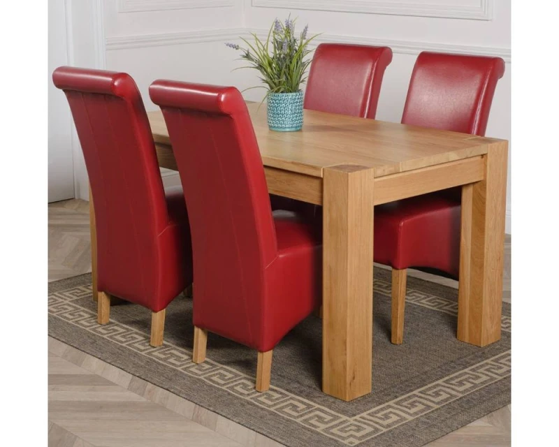 Image of Thats Furniture Kuba 150 x 85cm Chunky Medium Oak Dining Table & 4 Montana Leather Chairs in Red Size: 150 x 85cm Red Unisex 150 x 85 cm