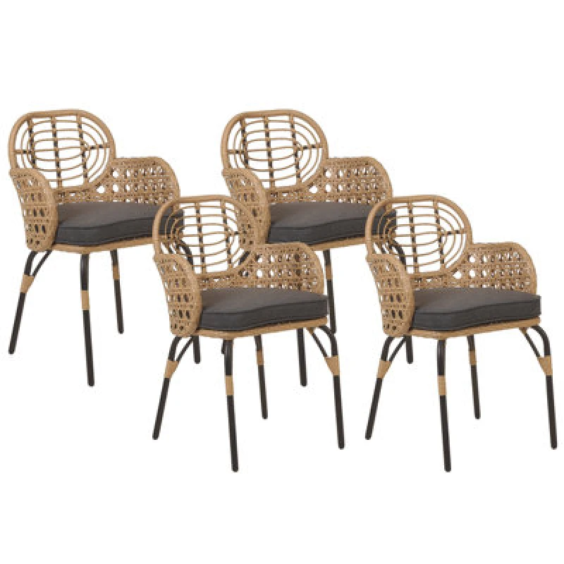 Image of Beliani Set Of 4 Garden Chairs With Cushions Pratello Pe Rattan Natural
