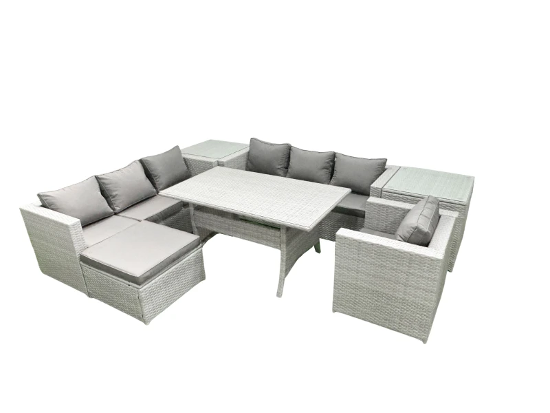 Image of Fimous 7 Pieces Outdoor Rattan Sofa Set with Cushions Patio Garden Furniture Sets with Armchair Dining Table 2 Side Tables Big Footstool Light Grey