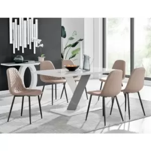 Image of Monza 6 White/Grey Dining Table & 6 Cappuccino Corona Faux Leather Dining Chairs with Black Legs Diamond Stitch - Cappuccino