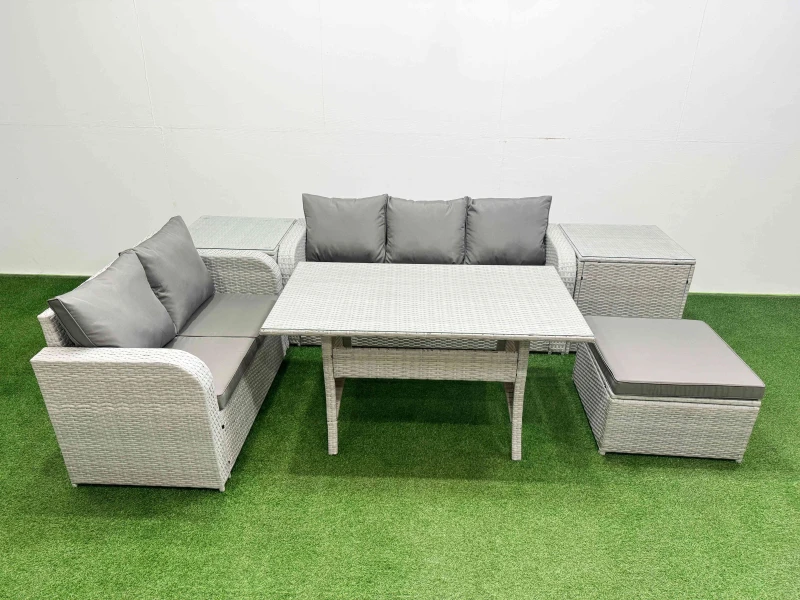 Image of Fimous 6 Seater PE Rattan Wicker Garden Furniture Patio Conservatory Sofa Set with Rectangular Dining Table 3 Seater Sofa Love Sofa Big Footstool 2 Si