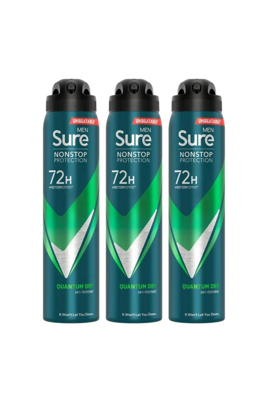 Image of Sure Men 'Antiperspirant' 72H Protection Quantum Dry Deodorant, 3x250ml White male
