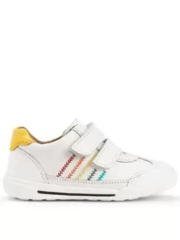 Image of Start-rite Roundabout White Leather Rainbow Stitching Riptape Trainers - White, Size 4 Younger
