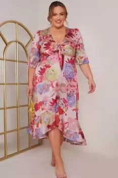 Image of Plus Size Short Sleeve Tie Front Floral Midi Dress