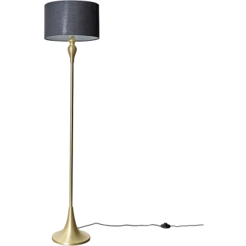 Image of Matt Gold Spindle Floor Lamp Light with Fabric Lampshade - Black