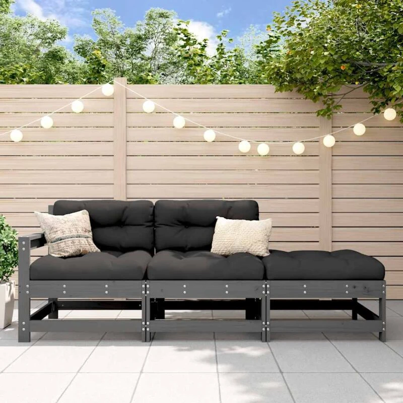 Image of vidaXL 3 Piece Garden Lounge Set with Cushions Grey Solid Wood, Grey 825599