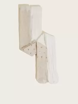 Image of Monsoon Girls 2 Pack Heart Stud & Ivory Cable Tights - Multi, Size 3-4 Years, Women