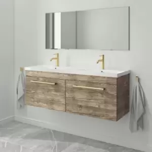 Image of 1200mm Wood Effect Wall Hung Double Vanity Unit with Basin and Brushed Brass Handles - Ashford