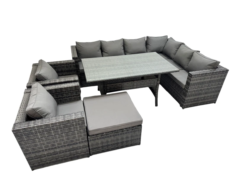 Image of Fimous Rattan Garden Furniture Set Outdoor 9 Seater Patio Corner Sofa Sets With Table 2 Chairs Big Stool Dark Grey Mixed