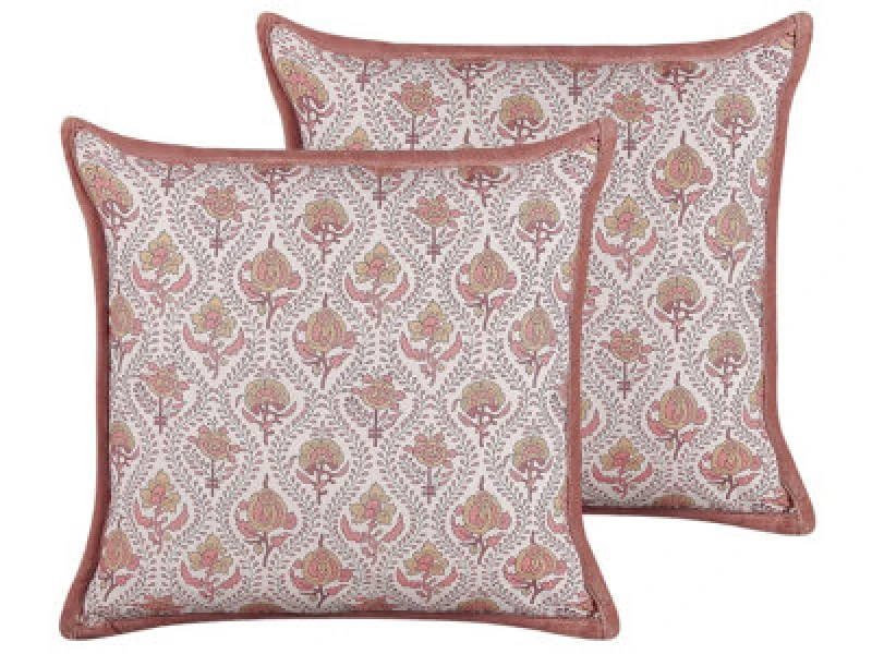 Image of Beliani Set Of 2 Decorative Cushions Picea Velvet 45 X 45cm Red Floral Pattern