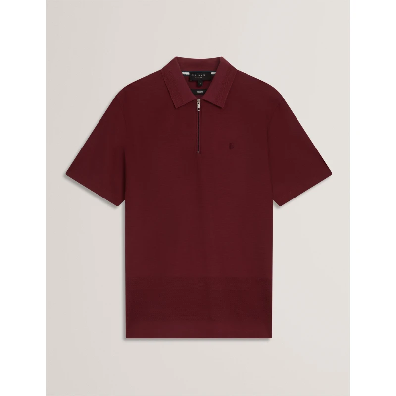 Image of Ted Baker Mens Textured Zip Short Sleeve Polo Shirt Maroon male S (2)