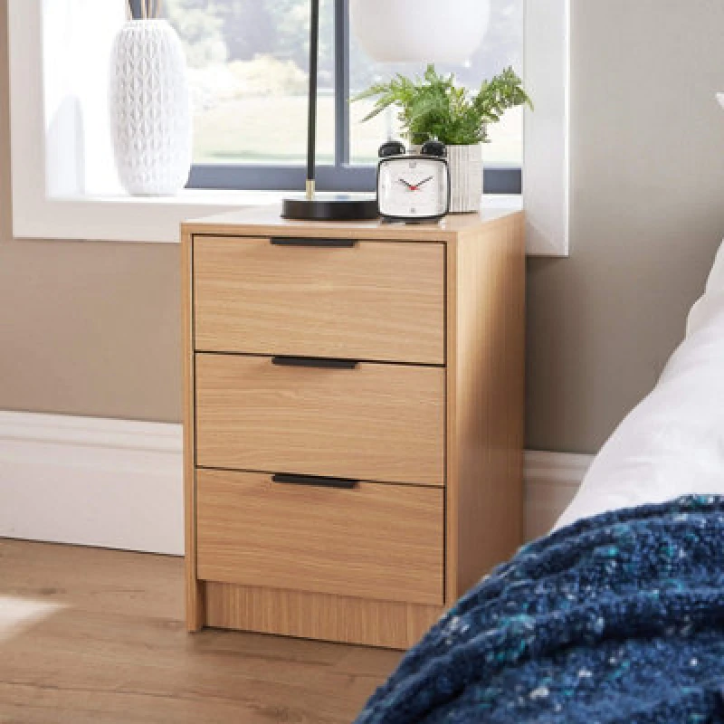 Image of Home Source Phoenix 3 Drawer Bedside Table Storage Unit Light Oak