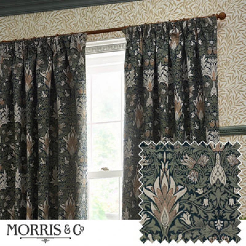 Image of Morris & Co Morris & Co Snakeshead Jacquard Chenille Room Darkening Pencil Pleat Curtains in Indigo Size: 229cm width x 137cm drop Indigo 229cm widt