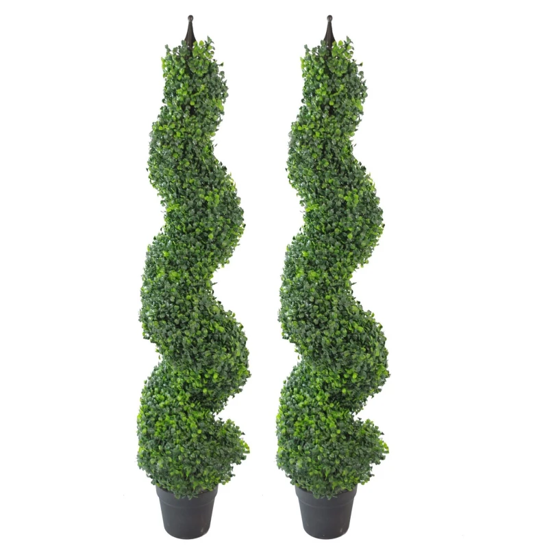 Image of Leaf Pair Of 120Cm (4ft) Tall Artificial Boxwood Tower Trees Topiary Spiral Metal Top, Green 7164-PAIR-V2AZ