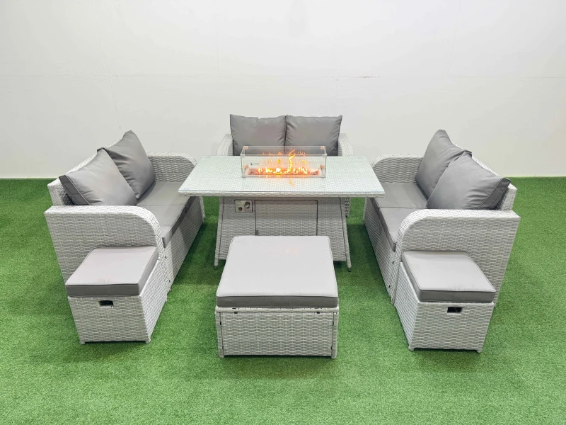 Image of Fimous 9 Seater PE Wicker Rattan Furniture Sofa Sets with Firepit Dining Table 2 Seater Love Sofa 3 Stool Light Grey Light Grey
