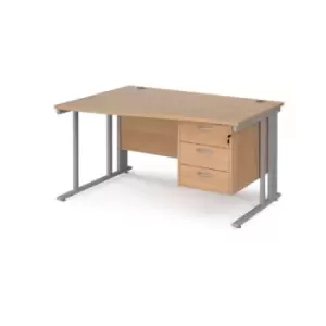 Image of Office Desk Left Hand Wave Desk 1400mm With Pedestal Beech Top With Silver Frame Maestro 25 MCM14WLP3SB