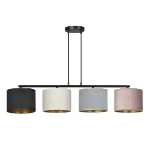 Image of Hilde Black Bar Pendant Ceiling Light with Black, Gray, Pink Fabric Shades, 4x E27