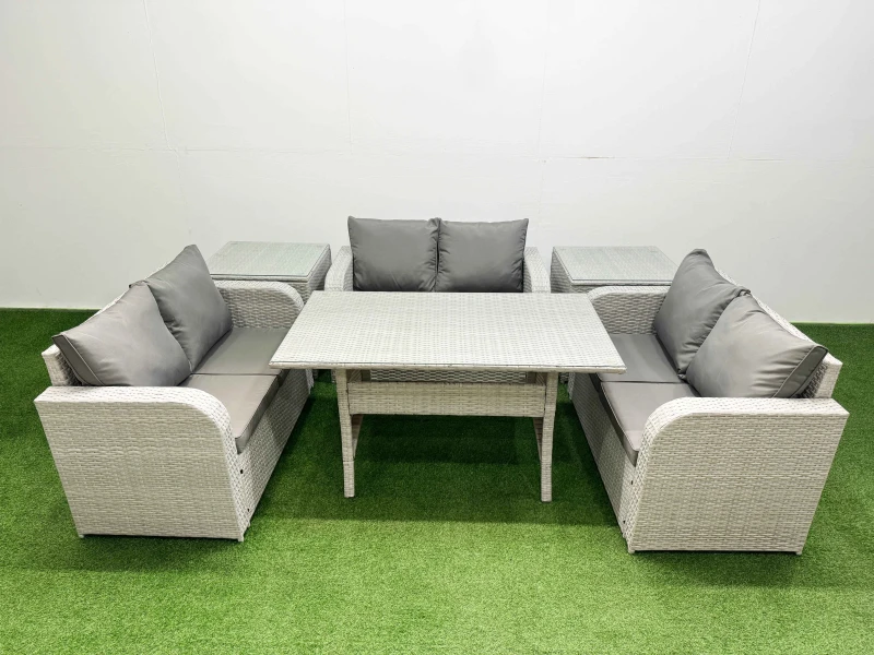 Image of Fimous 6 Seater PE Wicker Rattan Furniture Sofa Sets with Rectangular Dining Table 2 Seater Love Sofa 2 Side Table Light Grey Light Grey