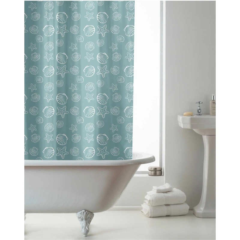 Image of Country Club Seashells Blue Shower Curtain Blue unisex