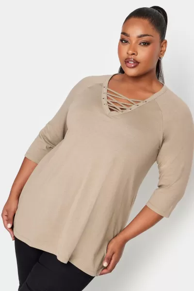 Image of Yours Lace Up Eyelet Top Brown