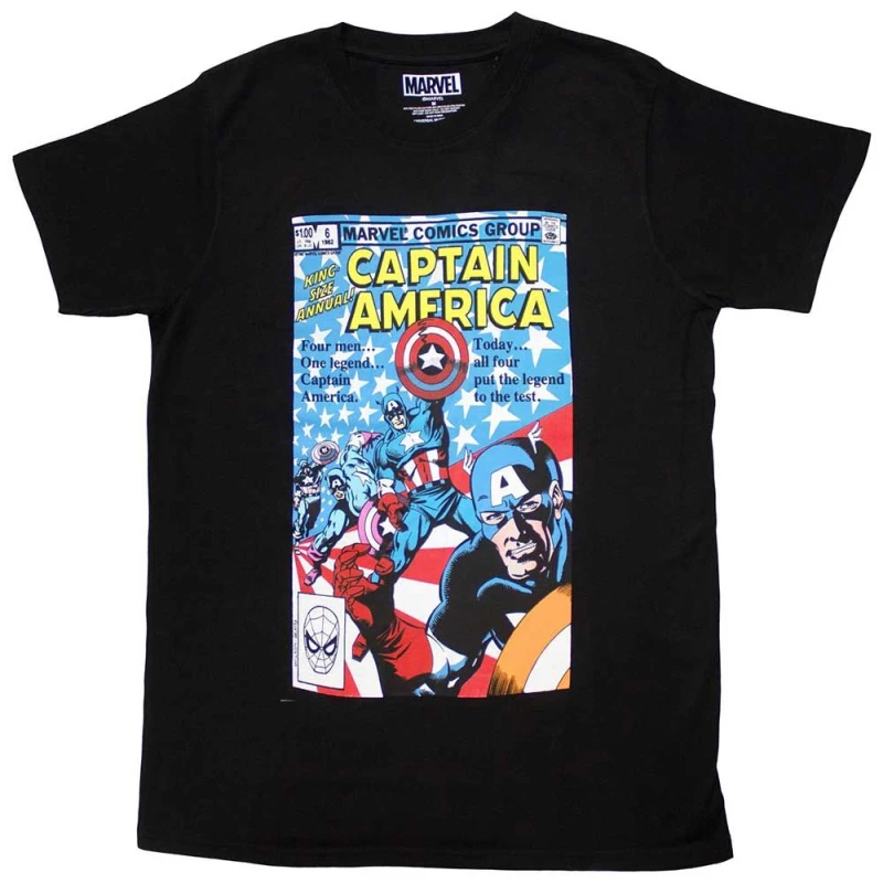 Image of Marvel Many Captain Americas Comic Cover T Shirt Black unisex
