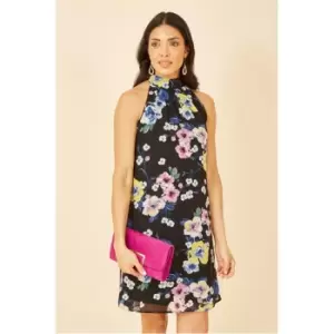 Image of Yumi Black Floral Halter Neck Mini Dress - Black
