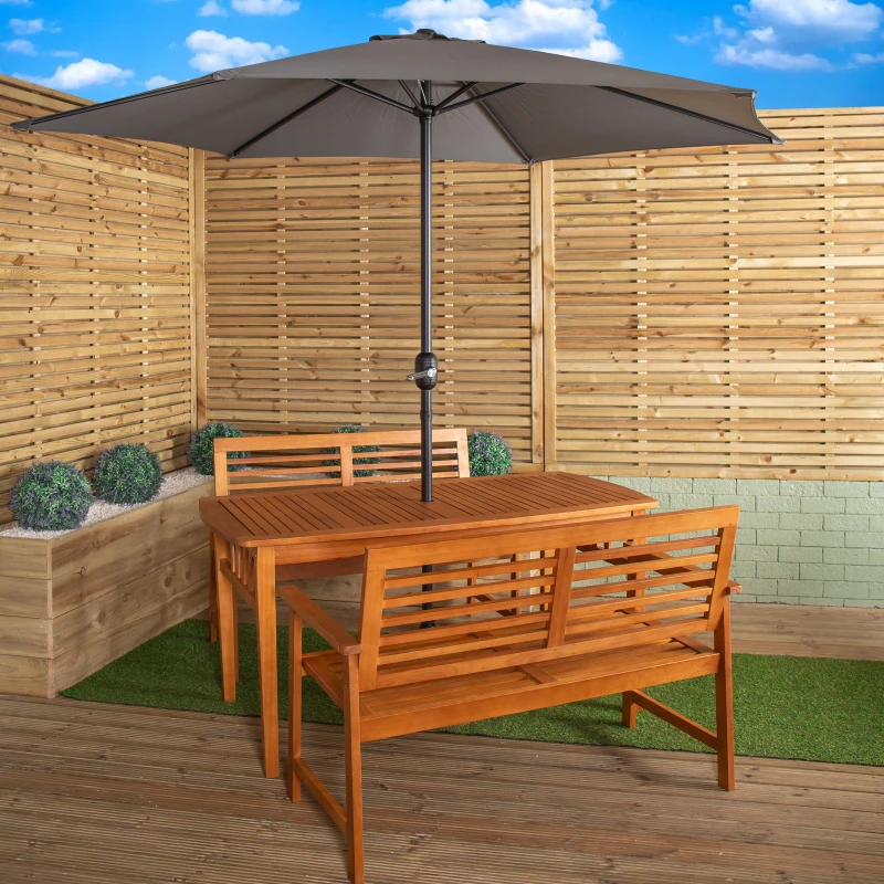 Image of Outdoor 4 Person Rectangular Wooden Garden Table, 2 Benches with Grey Havana Parasol & Base