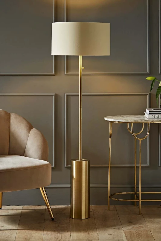 Image of ValueLights Lexy Beige and Metallic Gold Shade with Antique Brass Dimmable Floor Lamp Beige