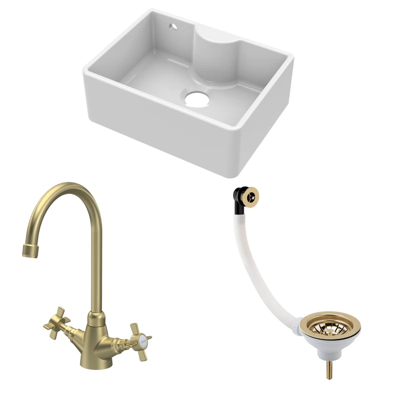 Image of Balterley Fireclay 1 Bowl Butler Sink Overflow Waste Tap Brushed Brass 595mm Bronze