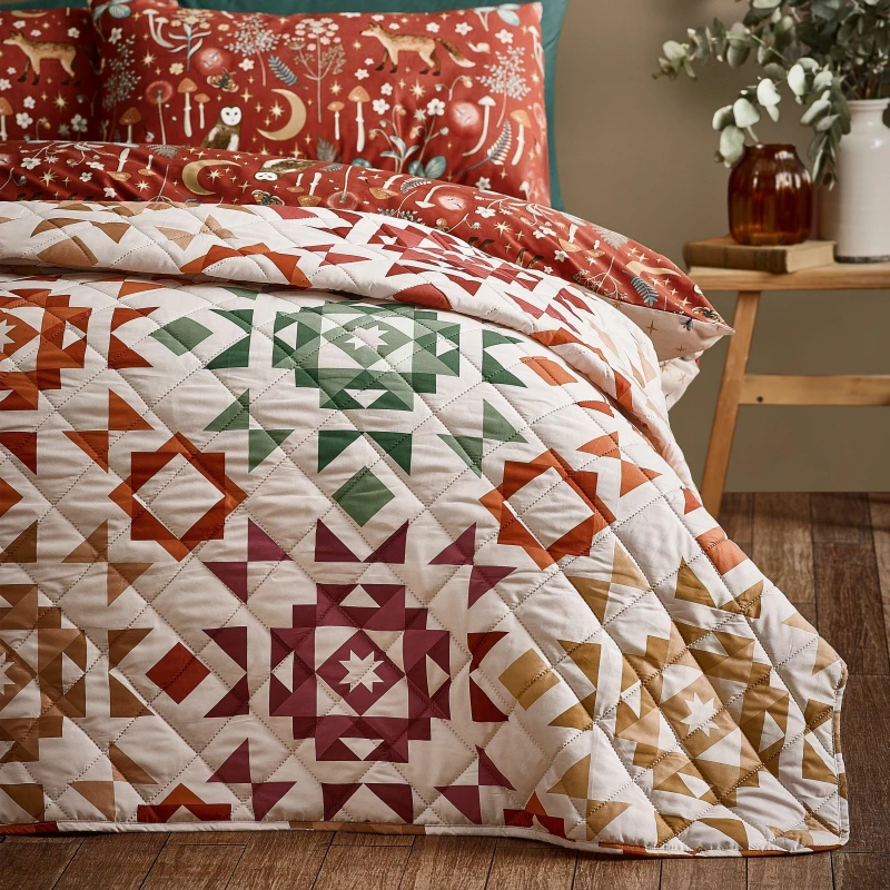 Image of Catherine Lansfield Catherine Lansfield 'Autumn Patchwork' Geo Quilted Bedspread in Natural Natural One Size Unisex 5057681189604