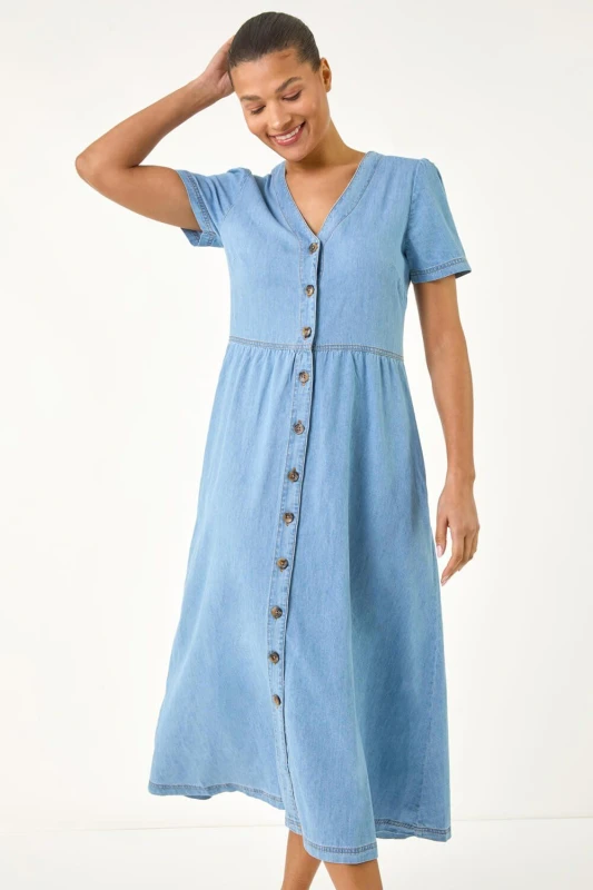 Image of Roman Womens Denim Button Through Midi Dress in Mid Blue Size: 14 Mid Blue Female 14