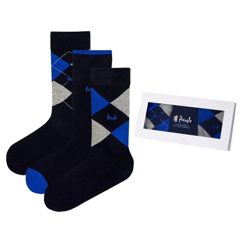 Image of Pringle Argyle Gift Box Cotton Socks 3 Pack - Blue Blue One Size