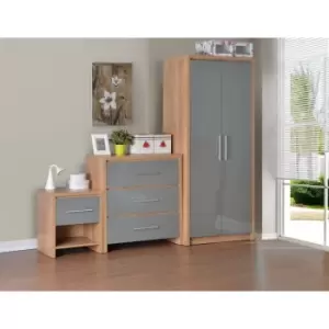 Image of Seconique Seville Grey Gloss & Oak 3 Piece Bedroom Set Wardrobe, Drawers & Bedside Cabinet