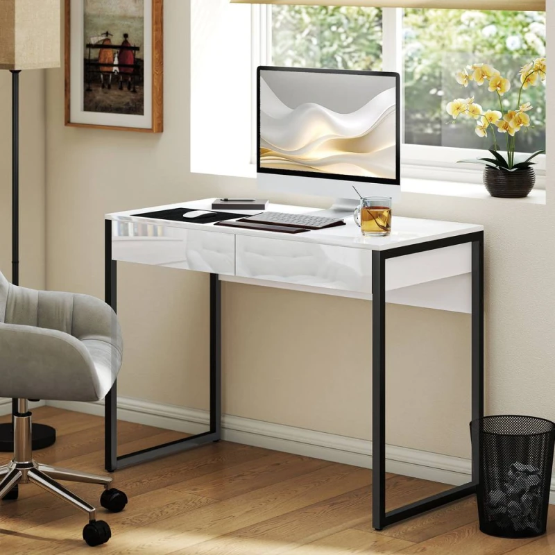 Image of HOMCOM HOMCOM Modern Home Office Desk with High Gloss 2 Drawers Finish White Black White One Size Unisex 5063603409453