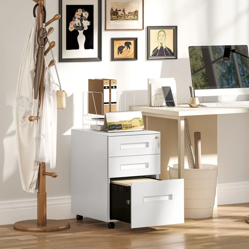 Image of VINSETTO Lockable Mobile Filing Cabinet w/ 3 Drawers 39 x 48 x 60cm White White
