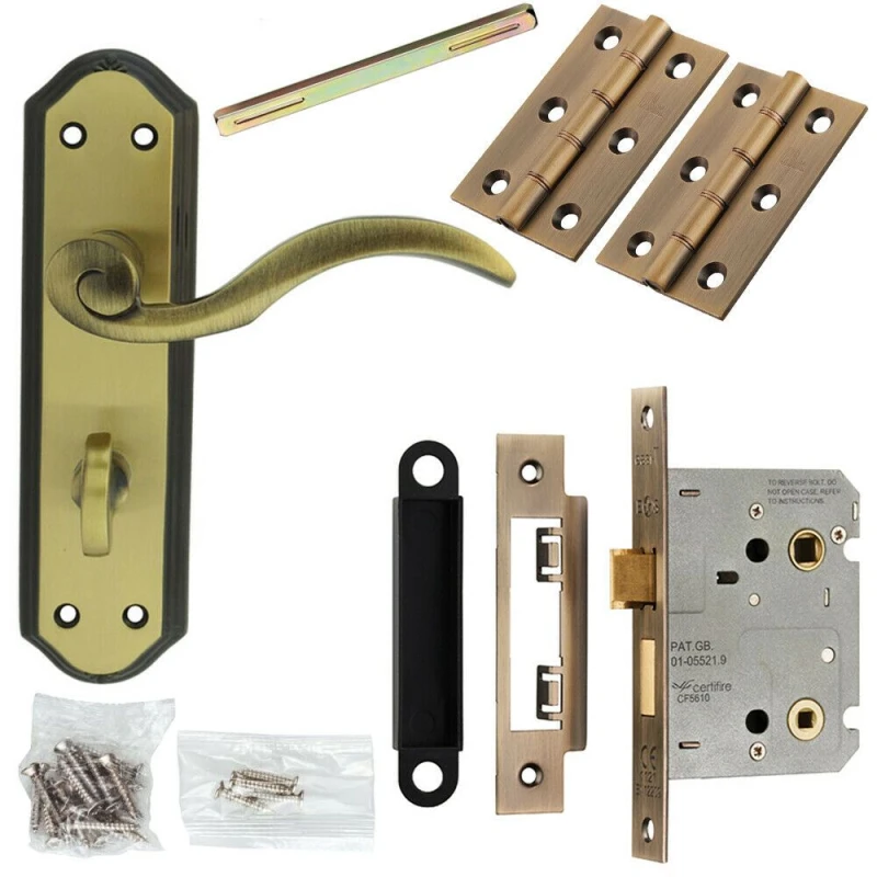 Image of Loops Door Handle & Bathroom Lock Pack Bronze Spiral Lever Thumb Turn Backplate Multi